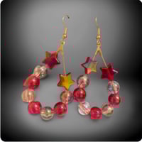Image 2 of Pink & White Oval Acrylic Bead Earrings with Star Accents – Lightweight Dangle Statement Earrings