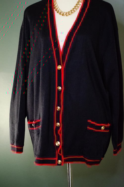 Image of Vintage Emelli Black Cardigan W/Red Trim 