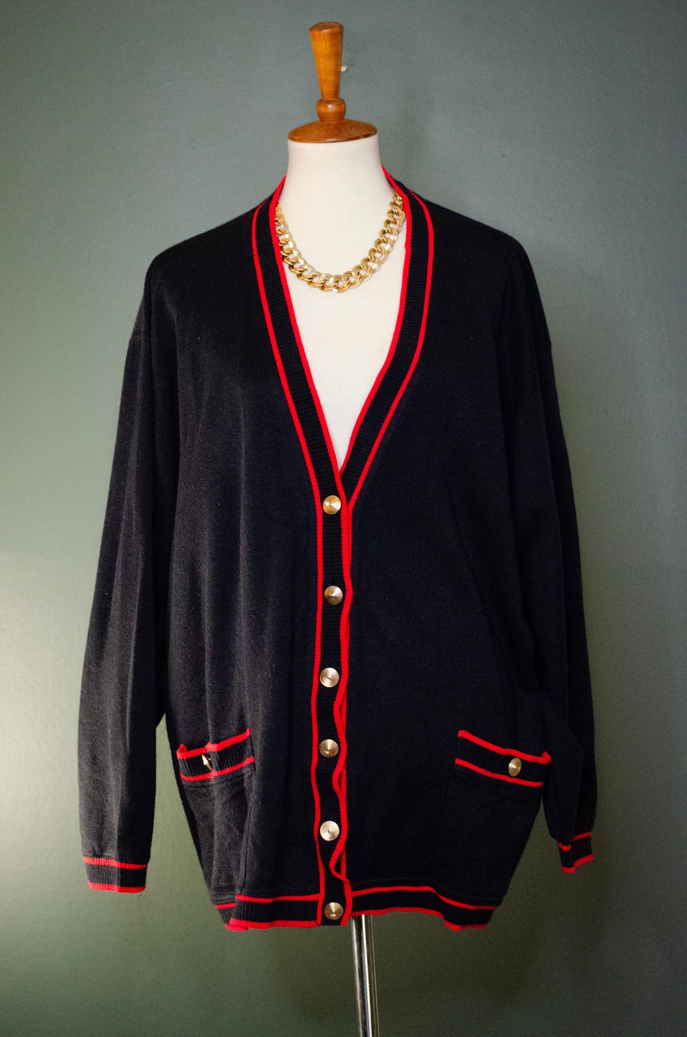 Image of Vintage Emelli Black Cardigan W/Red Trim 