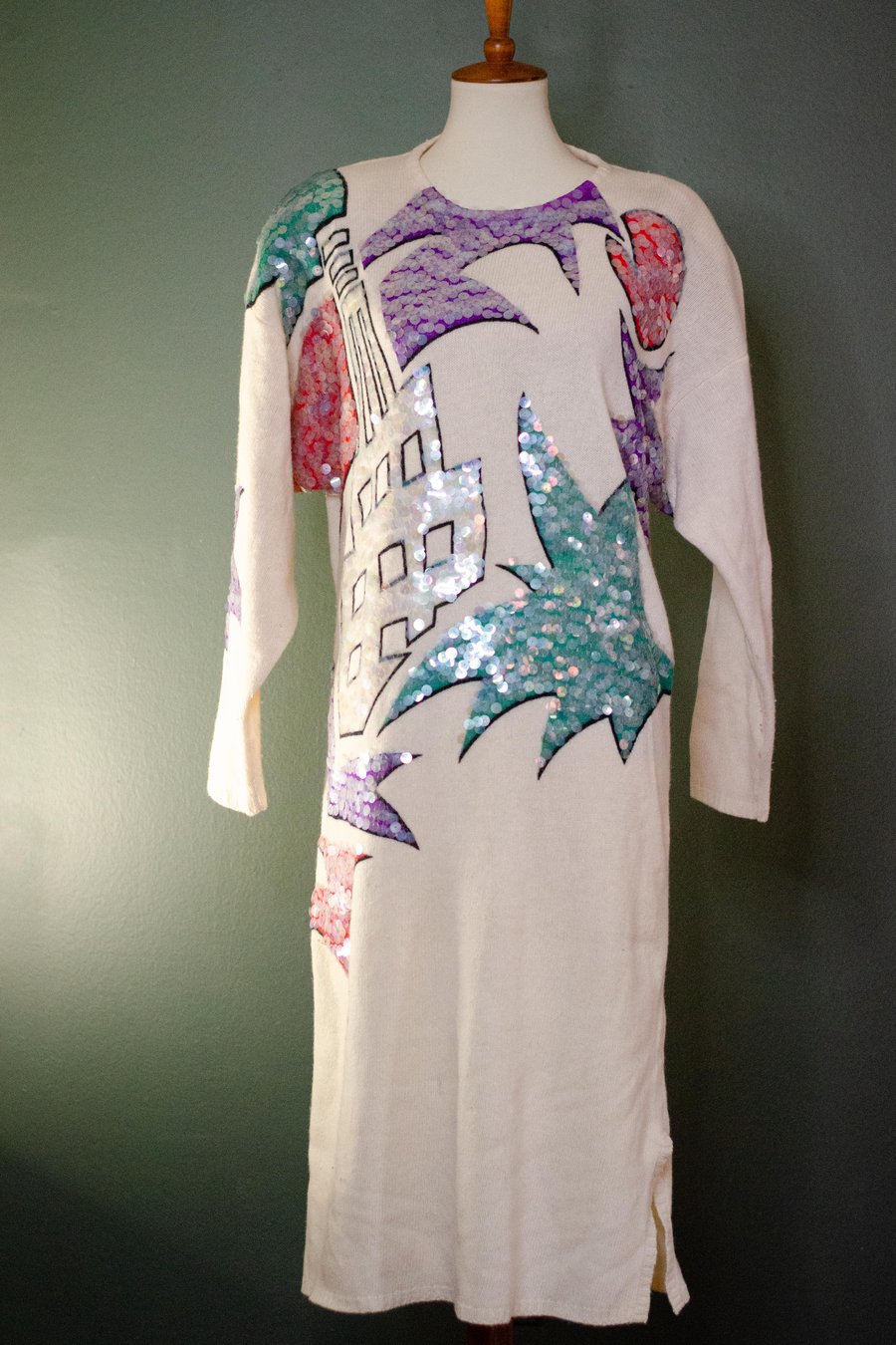 Image of Vintage Cream Sweater Dress W/ Colorful Paillettes