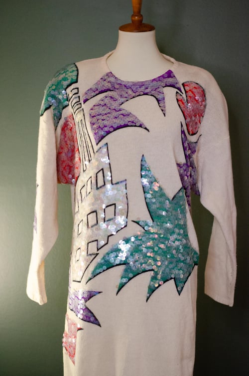 Image of Vintage Cream Sweater Dress W/ Colorful Paillettes