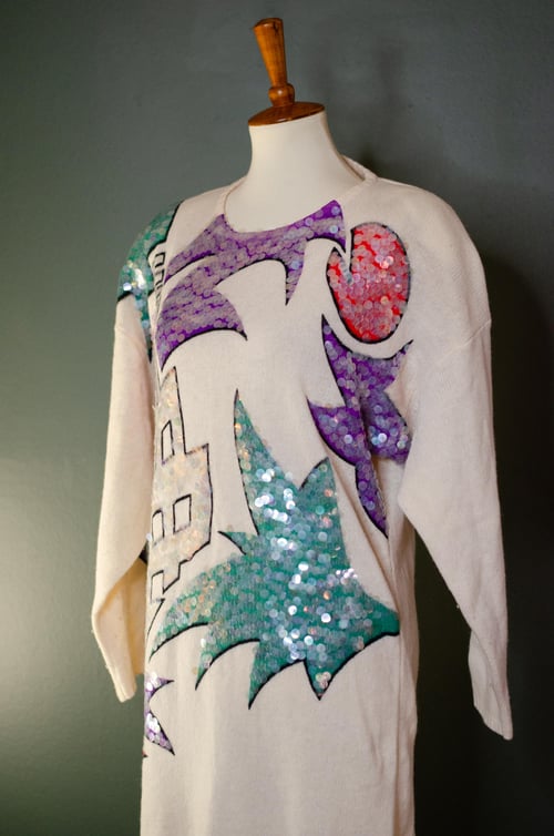 Image of Vintage Cream Sweater Dress W/ Colorful Paillettes