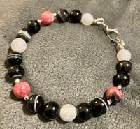 Image 4 of Black Sardonyx, Frosted White Dragon Vein Agate, Rhodonite & Faceted Bright Silver Hematite - Size 7