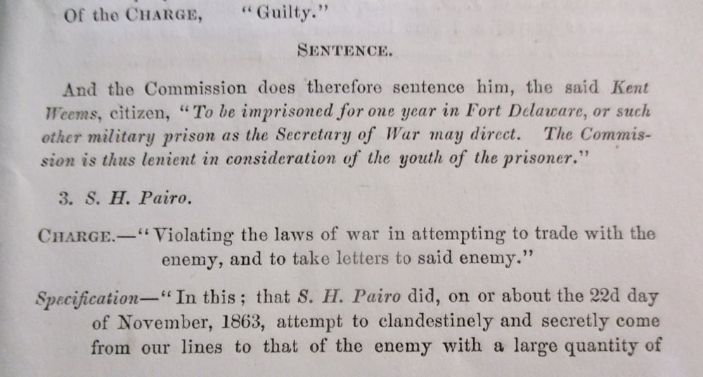 #188-CIVIL WAR SALE: RESULTS OF COURT MARSHALS, AIDING ENEMY