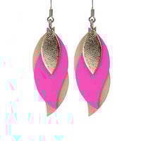 Image 1 of Australian made leather earrings - Leaf.  Gold, fluro pink, beige