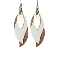 Image 1 of Australian made leather earrings - Leaf.  Gold, white, brown [LGW-233]