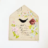 Image 2 of Art ORIGINAL - antique 1909 British envelope - hand painted Blackbird and flowers