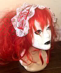 Image 3 of "mutilation is salvation" print headdress (red x white)