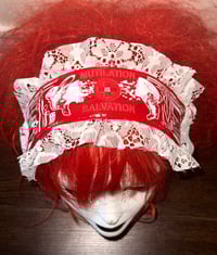 Image 4 of "mutilation is salvation" print headdress (red x white)