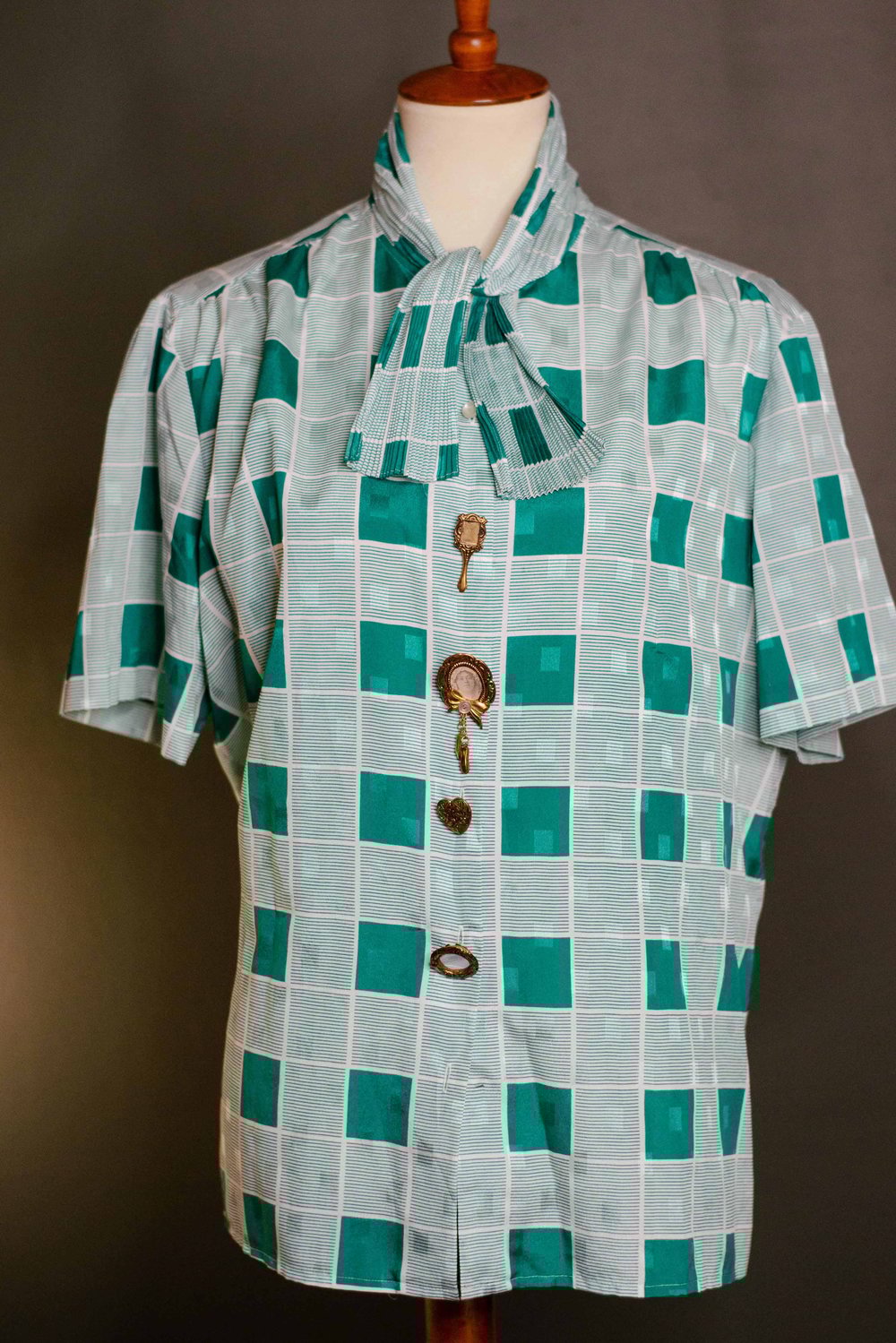 Image of Vintage Green Checkerboard W/ Antique Gold Button Covers 