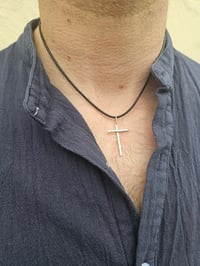 Image 1 of Mens Sterling Silver Hammered Cross Necklace 