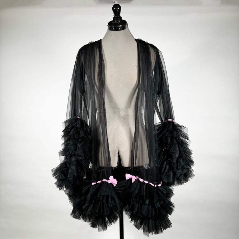 Baby Doll Nightie and Robe Set, Nylon Chiffon, Black and Pink  Image 12