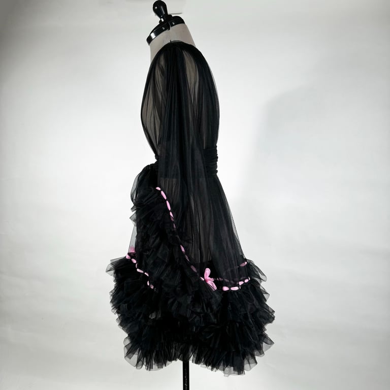 Baby Doll Nightie and Robe Set, Nylon Chiffon, Black and Pink  Image 15