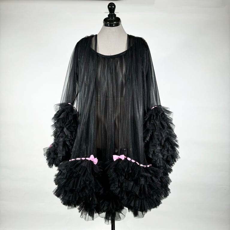 Baby Doll Nightie and Robe Set, Nylon Chiffon, Black and Pink  Image 17