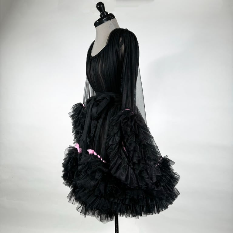Baby Doll Nightie and Robe Set, Nylon Chiffon, Black and Pink  Image 8