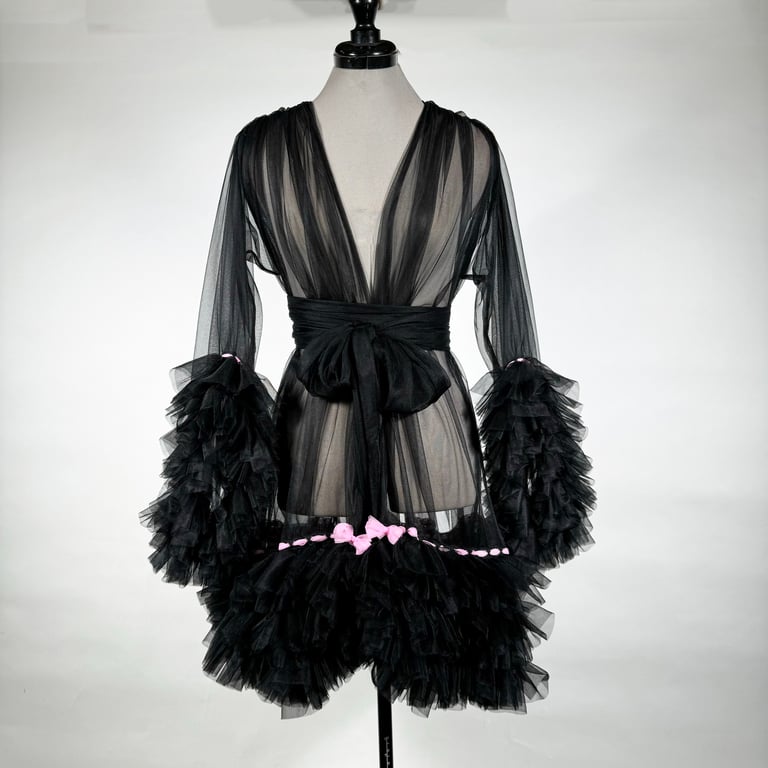 Baby Doll Nightie and Robe Set, Nylon Chiffon, Black and Pink  Image 19