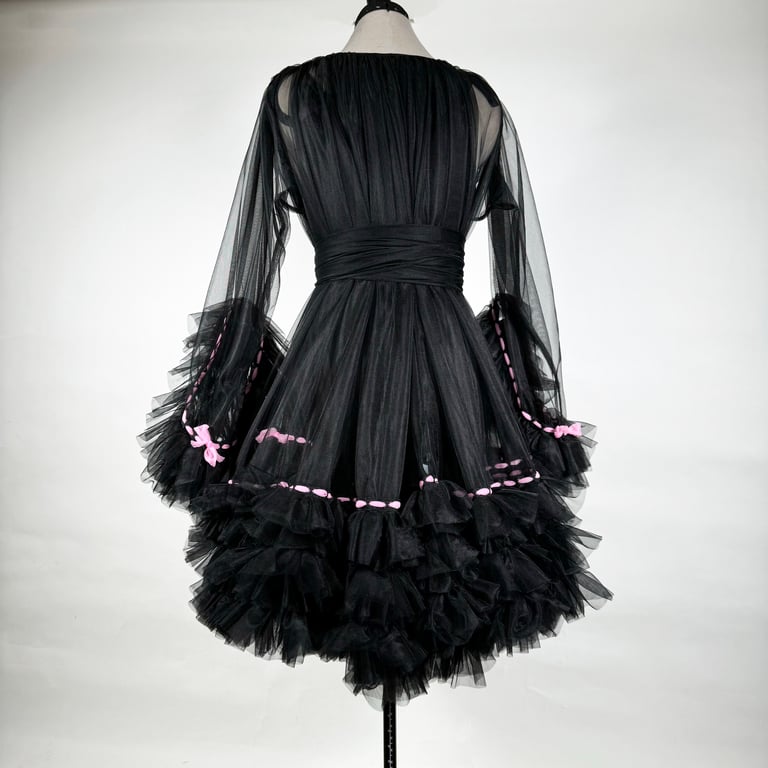 Baby Doll Nightie and Robe Set, Nylon Chiffon, Black and Pink  Image 6