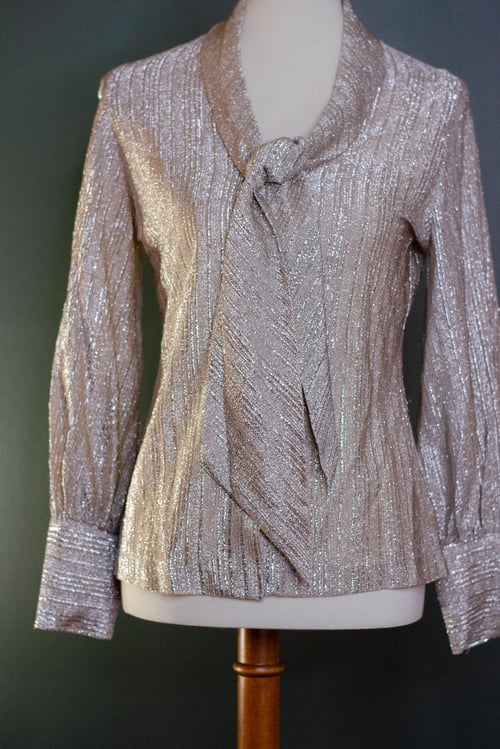 Image of Vintage 1960's Champagne Metallic Fibers Bow Tie Blouse