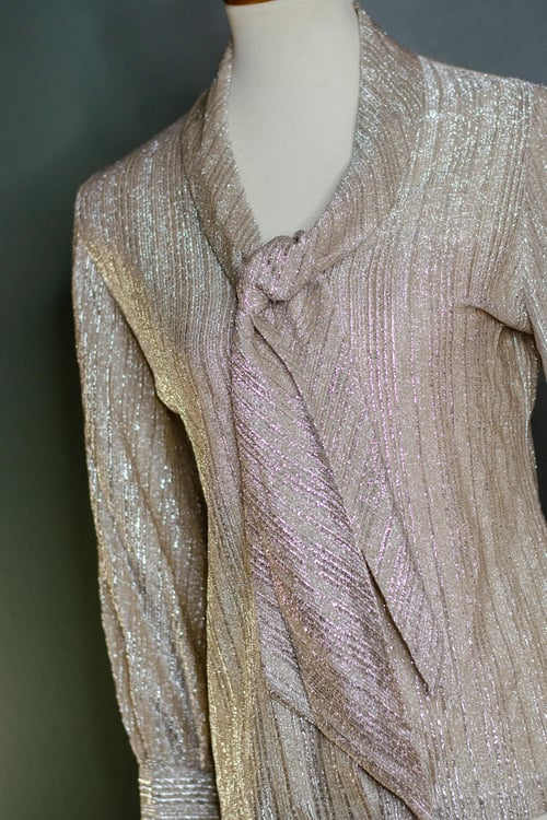 Image of Vintage 1960's Champagne Metallic Fibers Bow Tie Blouse