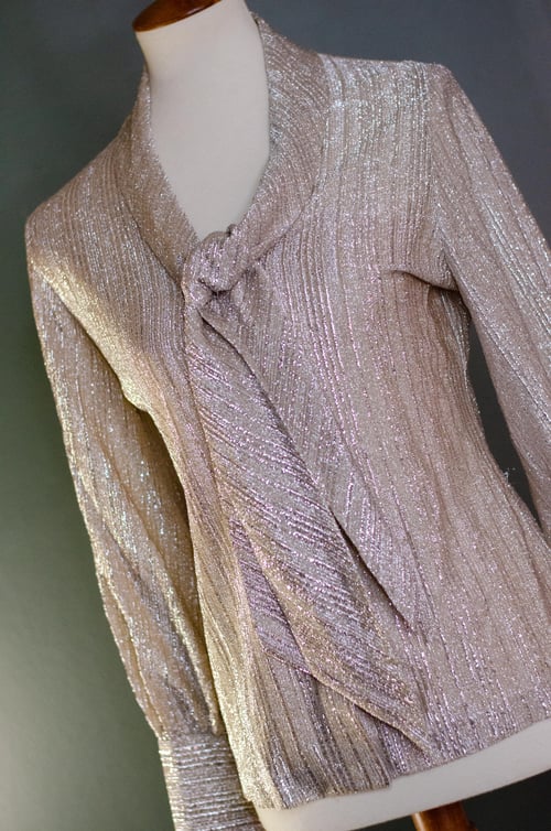 Image of Vintage 1960's Champagne Metallic Fibers Bow Tie Blouse