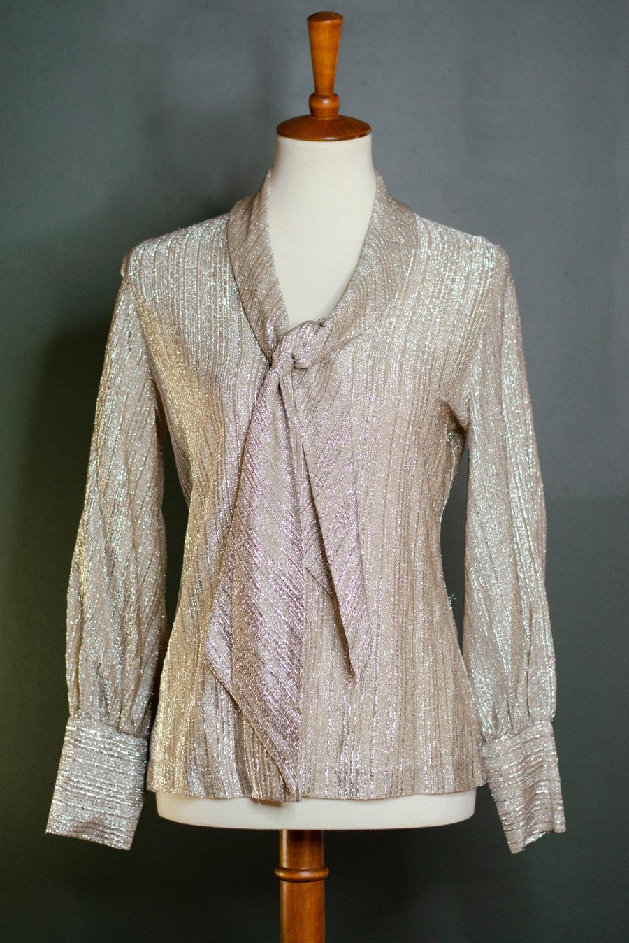 Image of Vintage 1960's Champagne Metallic Fibers Bow Tie Blouse