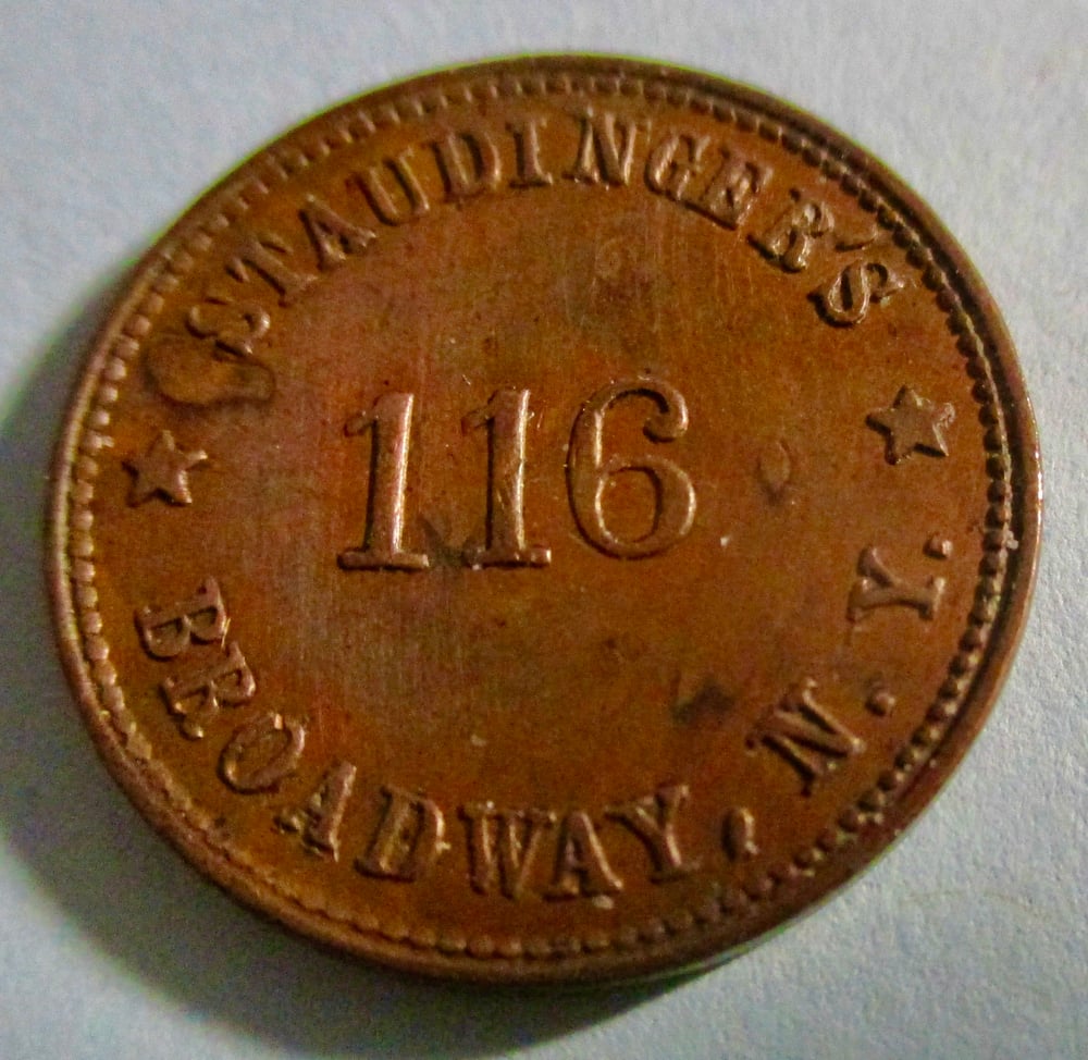 #185-CIVIL WAR SALEL: STORECARD TOKEN, STAUDINGER'S ON BROADWAY, NEW YORK CITY