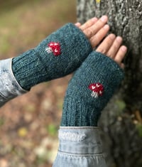 Image 1 of “Toadstool” fingerless mittens - Teal - Ready to ship