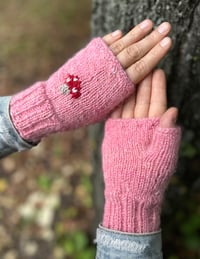 Image 2 of “Toadstool” fingerless mittens - Soft pink - Ready to ship
