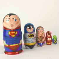 5 piece Super Hero hand painted matryoshka nesting dolls.