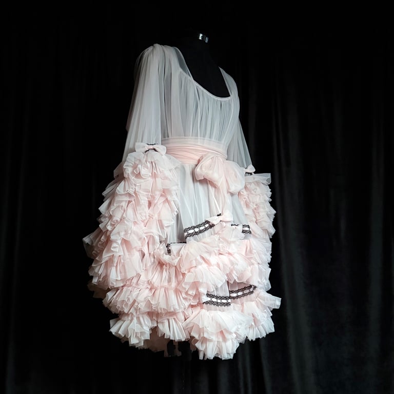 Baby Doll Nightie and Robe Set, Nylon Chiffon, Black and Pink  Image 9