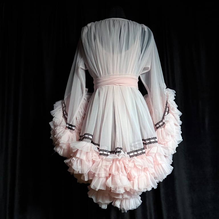 Baby Doll Nightie and Robe Set, Nylon Chiffon, Black and Pink  Image 5