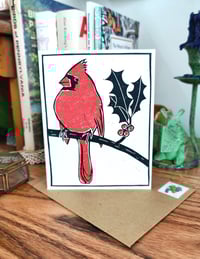 Image 1 of Holiday Northern Cardinal Linocut Card