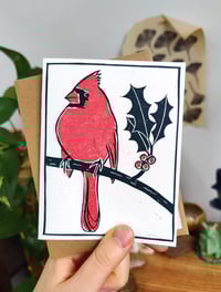 Image 2 of Holiday Northern Cardinal Linocut Card
