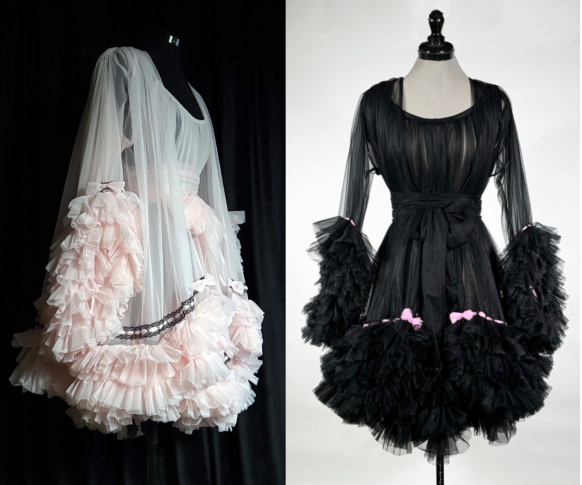 Baby Doll Nightie and Robe Set, Nylon Chiffon, Black and Pink