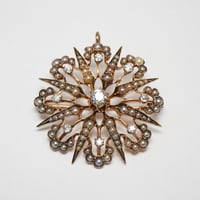 Image 1 of Victorian 14k Yellow Gold, Diamond, and Seed Pearl Pendant, Brooch