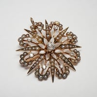 Image 3 of Victorian 14k Yellow Gold, Diamond, and Seed Pearl Pendant, Brooch