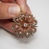 Image 9 of Victorian 14k Yellow Gold, Diamond, and Seed Pearl Pendant, Brooch