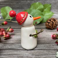 Image 5 of Handmade Ceramic Holly Snowpeep with Red Bobble Hat