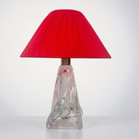 Image 3 of Lampe à poser en cristal vintage 1940 - 50 et abat-jour plissé ruban rouge