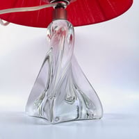 Image 7 of Lampe à poser en cristal vintage 1940 - 50 et abat-jour plissé ruban rouge