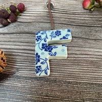 Image 1 of Blue Floral Ceramic Letter "F" Hanging Decoration