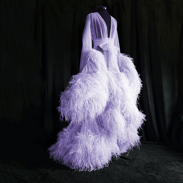 Special Order Ultra-Deluxe Ostrich "Cassandra" Dressing Gown (shown in Pale Lavender)