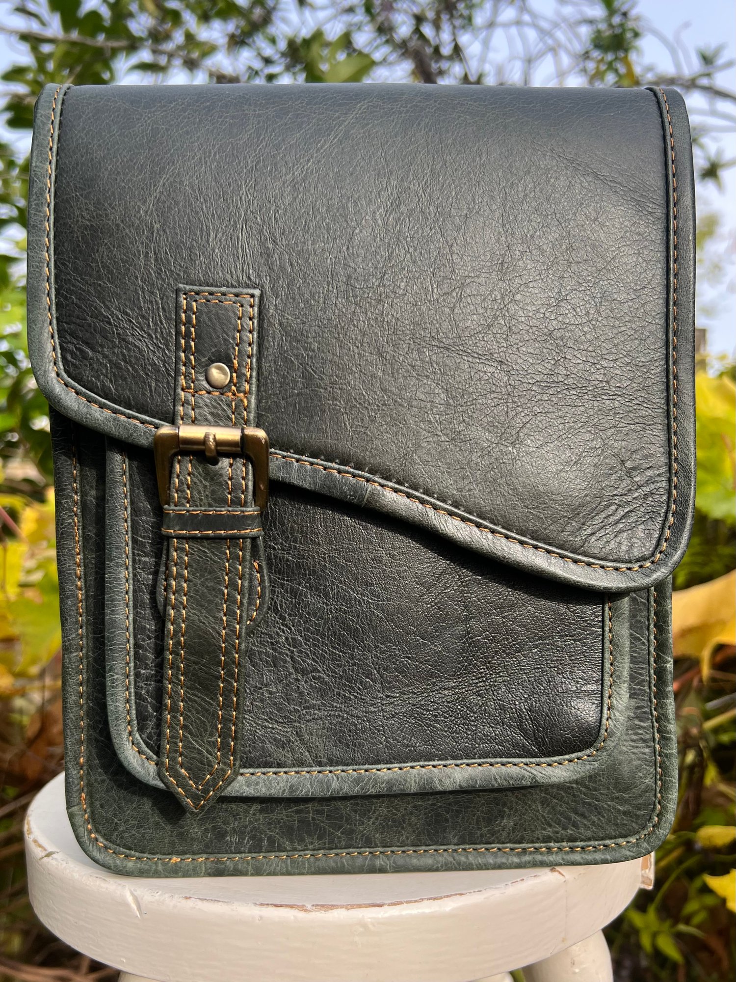 Image of Handmade Leather Dark Green Buffalo -Shaped Front
