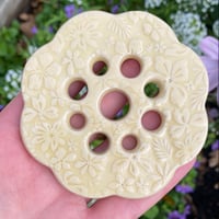 Image 1 of Pale Yellow Embossed Ceramic Flower Arranging Frog (9 hole)