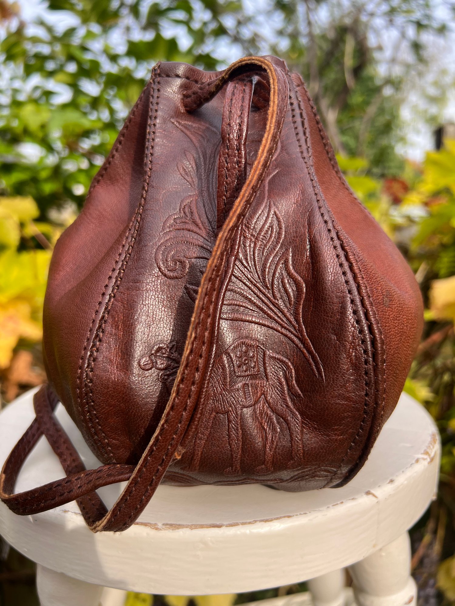 Image of Small brown leather drawstring pouch
