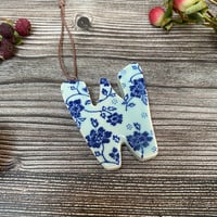 Image 1 of Blue Floral Ceramic Letter "W" Hanging Decoration