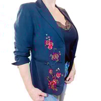 Image 4 of Womens Custom Black Blazer Red Cherry Blossom flowers down each side, a one of one signature piece 