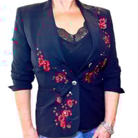 Image 3 of Womens Custom Black Blazer Red Cherry Blossom flowers down each side, a one of one signature piece 
