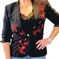 Image 2 of Womens Custom Black Blazer Red Cherry Blossom flowers down each side, a one of one signature piece 