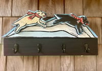 Two Leaping Winter Black Lab Folk Art Hook Rack